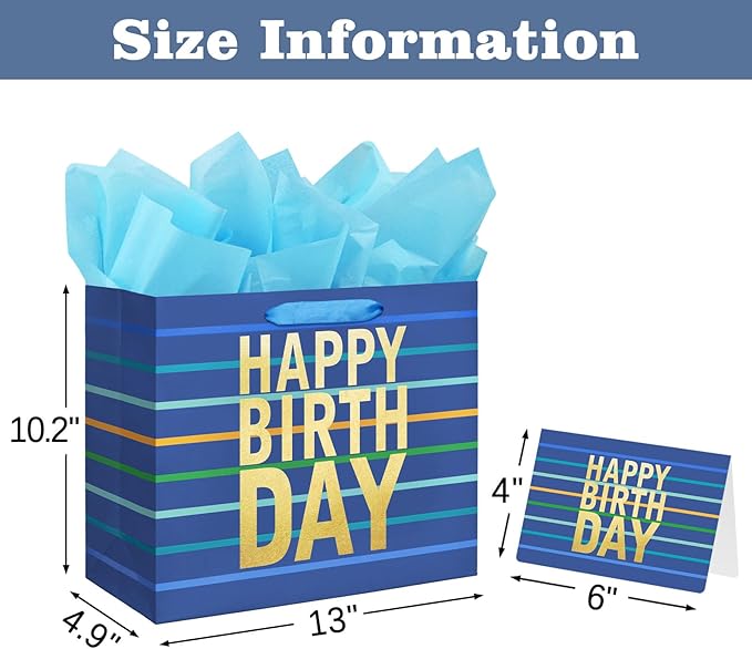 16.5" Blue Gift Bag with Tissue Paper, Card and Handles for Men's Birthday, Kids' or Baby Boy (Stripe) (Extra Large Blue)
