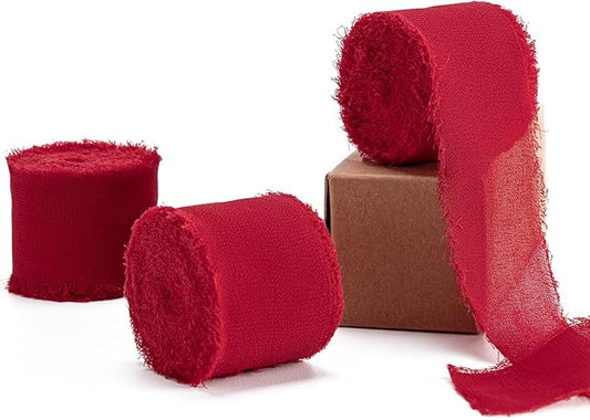 Husfunov Red Handmade Chiffon Ribbon,1.5Inch x 3 Rolls Total 24 Yards Red Fringe Chiffon Silk Ribbon,for Wrapping Wedding Invitations,Bridal Bouquets,DIY Crafts,Home Decor and More