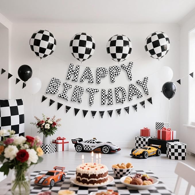 CANREVEL Happy Birthday Banner 13pcs 16 Inch Mylar Foil Letters Sign Balloons Racing Car Birthday Party Decorations for Kids and Adults - 3D Black & White Checkered