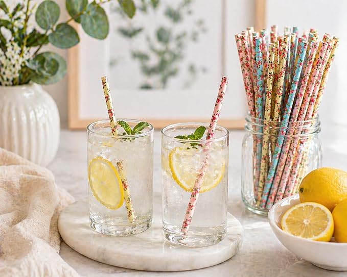 75-Pack Eco-Friendly Biodegradable Paper Straws - Vintage Rose & Floral Design in Pink, Blue, Yellow - Disposable Straws for Parties By JPACO