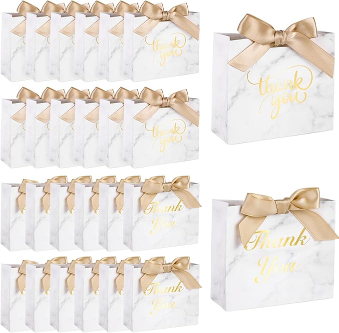 VGOODALL 24PCS Thank You Gift Bags, 4.5x3.9x1.8Inches Mini Party Favor Bags White Treat Boxes with Bow Ribbon for Wedding Bridal Baby Shower Birthday Party