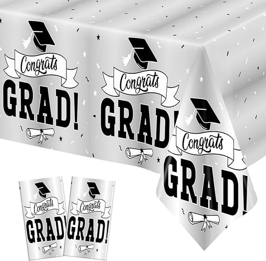 2 Pcs 2026 Graduation Table Decorations, 108" X 54" Silver Graduation Table Cloths, Rectangle TableCloth for Grad Party Supplies, Disposable Plastic Tablecover for Class 2026 Congrats Grad for Kids