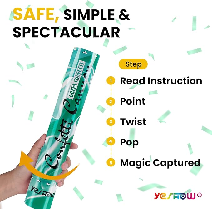 Confetti Cannon Poppers Green, Green Mylar Confetti Party Poppers for Graduation, Birthday Party, Nature Party Christmas Eve and New Year Celebration St. Patrick's Day - 6 PACK