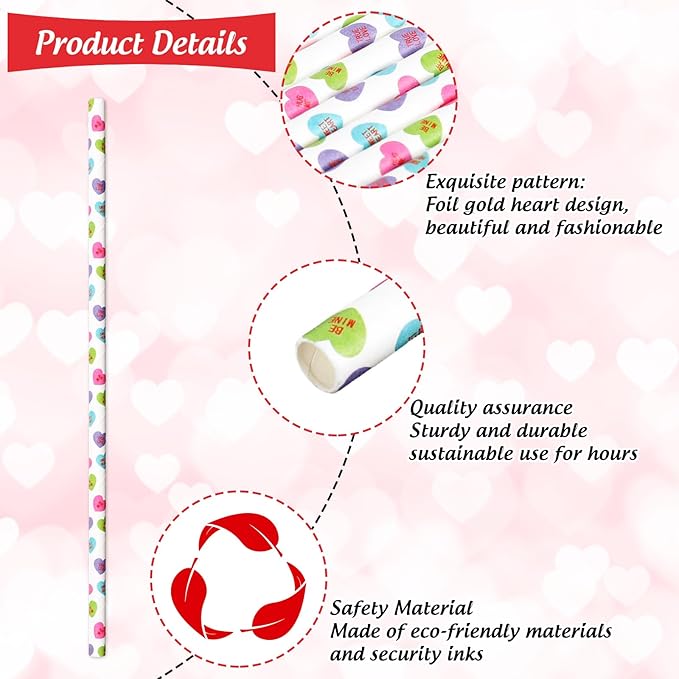 Whaline 200Pcs Valentine's Day Paper Straws Conversation Heart Disposable Drinking Straws Candy Color Heart Decorative Straws for Wedding Birthday Party Supplies