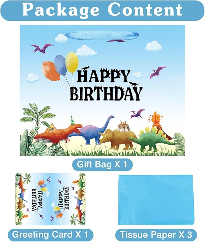 16.5" Extra Large Watercolor Dinosaur Birthday Gift Bag for Boy Kids with Card and Tissue Papers