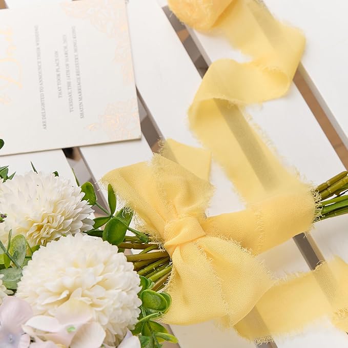 Cream Yellow Chiffon Ribbon 1.5" x 21 Yd Handmade Fringe Silk Chiffon Fabric Ribbon for Gift Wrapping Wedding Invitation Bridal Flower Bouquet DIY Crafts Home Decor