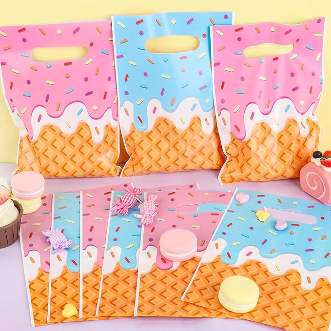 Hxezoc 50 Pieces Ice Cream Gift Bags Plastic Ice Cream Bags Practical Party Bag Party Favors for Cute Summer Theme Birthday Party Decoration Supplies