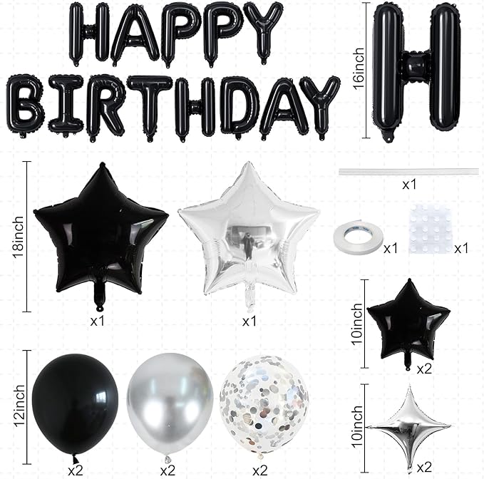 Happy Birthday Balloon Banner Black Silver, 16 Inch Mylar Foil Letter Balloons, Reusable Birthday Decorations with Black and Silver Balloons, Inflatable Party Supplies for Women Men Boys Girls Decor