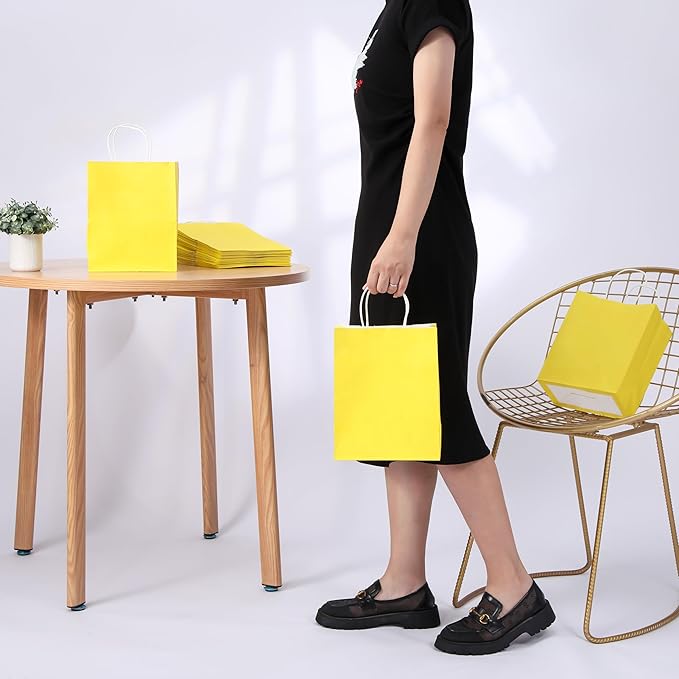SUNCOLOR 25 Pack Yellow Gift Bags with Handles – 8x4.5x10 Medium Bags for Shopping, Retail, DIY, Wedding, Party Favors & Special Occasions