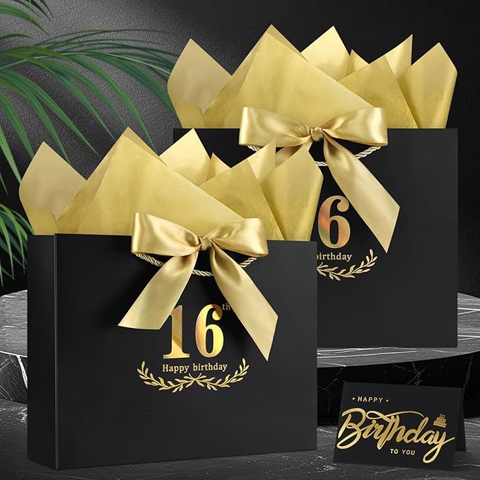 JMANNI Black Gold 16th Birthday Gift Bag with Card and Tissue Paper, 12.6"×9.84"×3.9" Elegant Present Bag for Teens, 16 Year Old Birthday Keepsake Party Supplies
