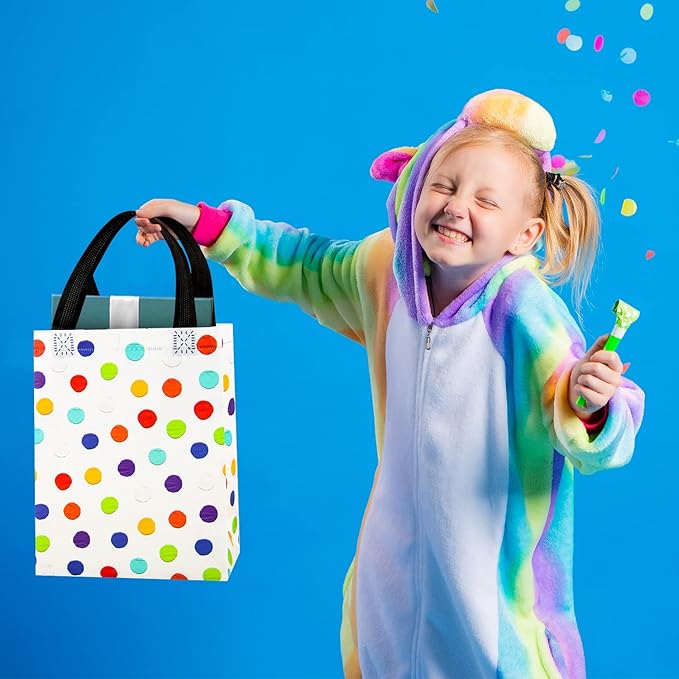 BLEWINDZ 16Pcs Reusable Gift Bags with Tissues - Medium Rainbow Polka Dot Party Favor Bags for Christmas, Birthday, Baby Shower, Grocery Shopping, Wedding (10" x 7.6" x 3.9")