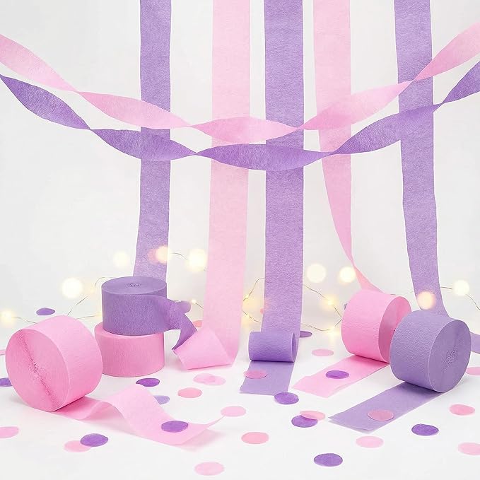 Pink and Purple Crepe Paper Streamers 4 Rolls 328ft, Pack of Party Streamers for Mother’s Day Decorations, Crepe Paper for Birthday, Wedding, Easter Party Decorations (1.8 Inch x 82 Ft/Roll)