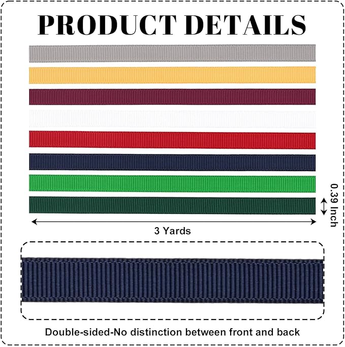 Christmas 3/8 Inch Grosgrain Ribbon Set, 8 Pack x 3 Yards (24 Yards Total), Craft Ribbon for Holiday Gift Wrapping Wreaths Tree Decor and Stocking Stuffers