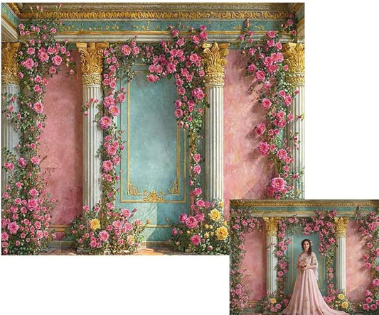 Kate 10x8ft Pink Rose Flowers Wedding Photography Backdrops Spring Pink Blue Castle Painting Wall Photo Background Video