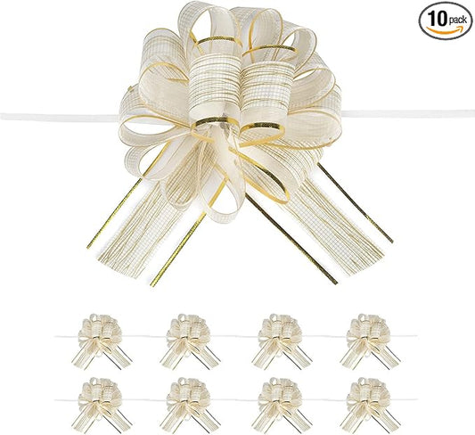 10 PCS Large Pull Bow Gift Wrapping Bows, Pull Bow with Ribbon for Wedding Gift Baskets, Party Gift Wrap Bows, Presents Decorating Bows (White)