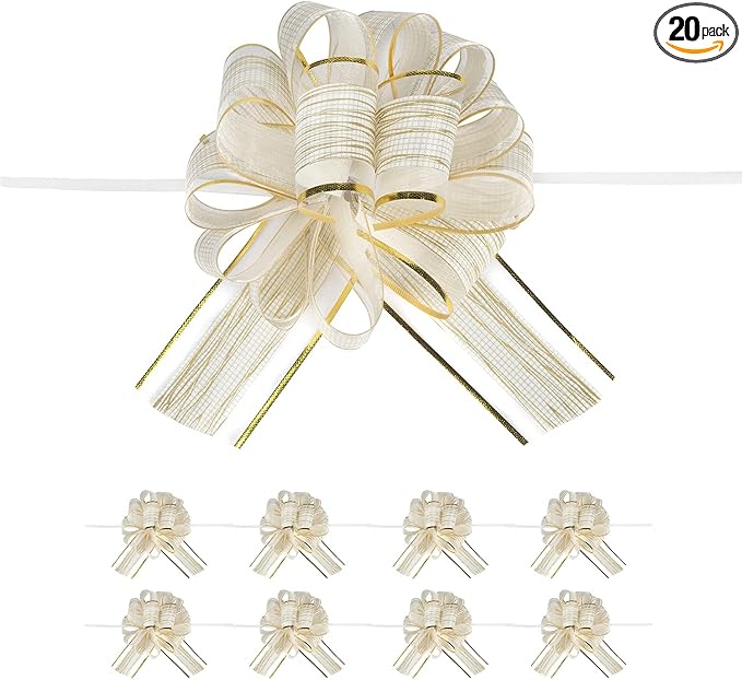 20 PCS Large Pull Bow Gift Wrapping Bows, Pull Bow with Ribbon for Wedding Gift Baskets, Party Gift Wrap Bows, Presents Decorating Bows (White)