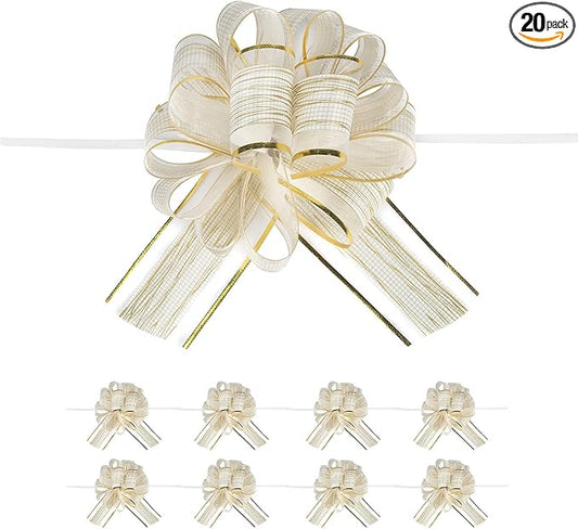 20 PCS Large Pull Bow Gift Wrapping Bows, Pull Bow with Ribbon for Wedding Gift Baskets, Party Gift Wrap Bows, Presents Decorating Bows (White)