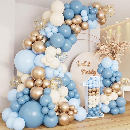 DBKL Dusty Baby Blue Balloon Arch Garland Kit, Different Sizes 18 12 10 5 inch Pastel Baby Blue Slate Fog Ivory White Metallic Gold Balloons for Men Boy Baby Shower Birthday Wedding Party Supplies