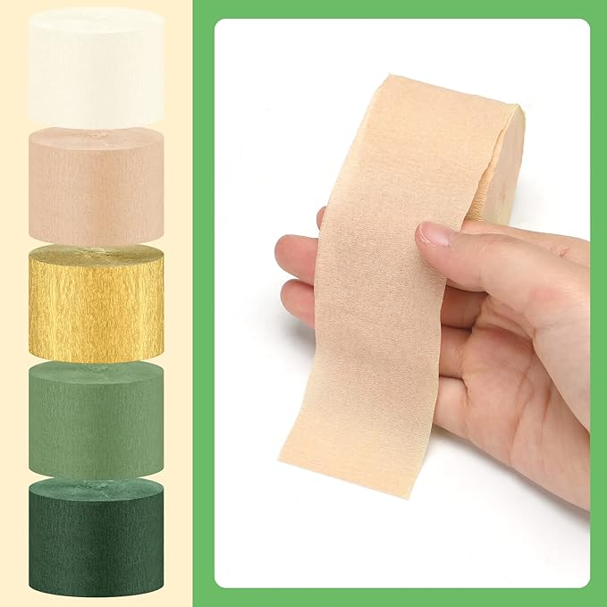 10 Rolls Crepe Paper Streamers 820ft, 5 Colors Green Sage Streamers Gold White and Brown Crepe Paper Streamer Baby Shower Decoration for Jungle Woodland Boho Wedding Birthday Party Supplies