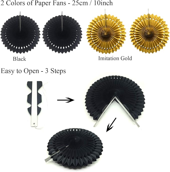 ZERODECO Black and Gold Party Decorations, Confetti Balloons Decorative Folding Fans Paper Pompoms Triangle Bunting Flags Garlands for Graduation Wedding Birthday Photo Backdrop Party Decorations