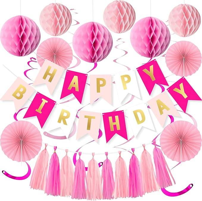 Pink Birthday Decorations Set for Women Girls Happy Birthday Banner Honeycomb Balls Paper Fans Hanging Swirl Streamers Tassels Complete Pink Birthday Party Decor Supplies
