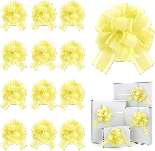 12 Pcs Yellow Gift Bow Pull Bows for Gift Warpping Christmas Warp Ribbon Bow Party Birthday Wedding Solid Bows for Bikes Anniversary Boxes Flower Decorations Valentine's Day (Yellow-E)