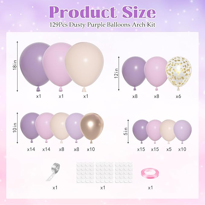 Ouddy Party Dusty Purple Balloon Arch Garland Kit, Different Sizes 18 12 10 5Inch Purple Pink Lavender Sand Rose Gold Metal Confetti Balloon for Bridal Baby Shower Wedding Birthday Party Decoration