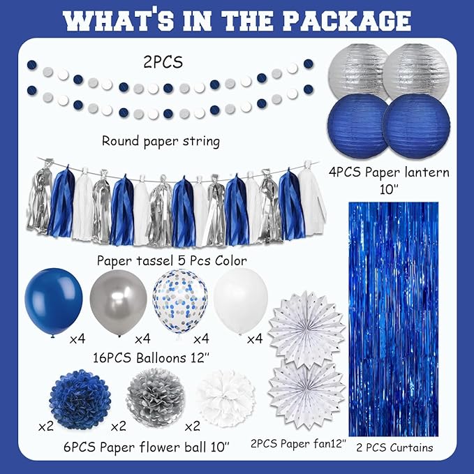 Navy Blue White Silver Party Decorations,46pcs Kit Balloon Paper Pompom Tassel Garland Men Blue and Silver Graduation Decorations Wedding Baby Bridal Shower Birthday Decor