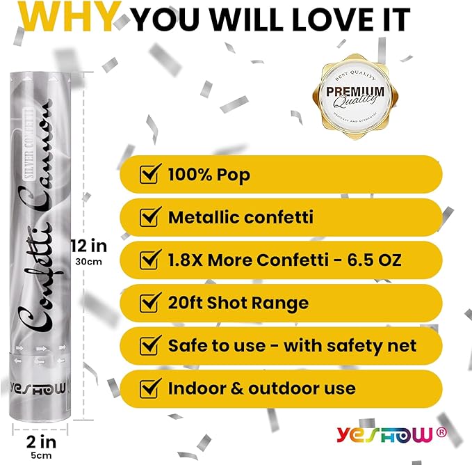 Confetti Cannon Party Poppers Shooters,(6 pack) YESHOW Confetti Blaster Silver Metallic for Birthday Graduation Wedding Christmas New Year’s Eve