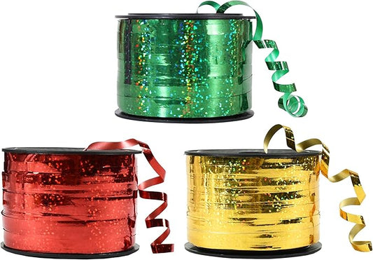 BEISHIDA 3 Pack 100 Yards Gold Red Green Ribbon Curling Crimped Glitter Ribbon Balloon String Shiny Metallic Gift Wrapping Ribbon Birthday Party Christmas Art Craft Decoration
