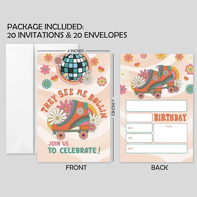 20 Sets Roller Skating Birthday Party Invitations With Envelopes,Retro 70s 80s Daisy Roller Skate Double-sided Printed Birthday Party Invitation Invite Cards for Kids Teen,Girl Birthday Party Invites