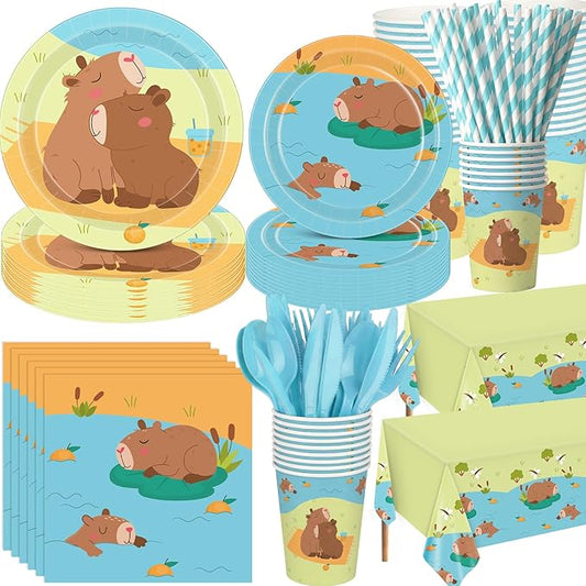 Funnymoom 452 Pcs Capybara Birthday Decorations for 50, Capybara Paper Plates Napkins Cups Cutlery Tablecloth Cutlery Straws for Cute Animal Tableware Birthday Party Supplies