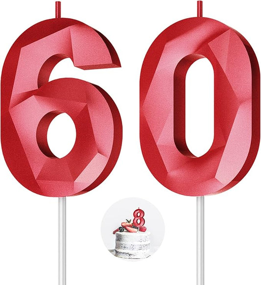 Number Birthday Candles(60 Candle Red) 3D Diamond Shape Number Happy Birthday Cake Candles for Birthday Party Wedding Decoration Reunions Theme Party