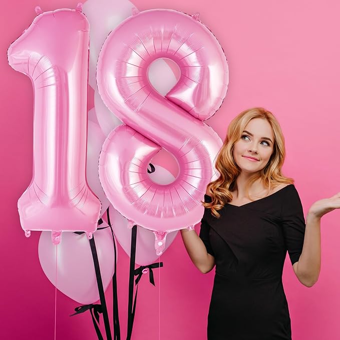 Pink Number 18 Balloon, 40 Inch Big Large Foil Helium Number Balloons, Giant Mylar Number 18 Balloons for 18 Years Old Birthday Party Decorations Supplies Anniversary