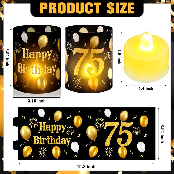 10 Sets 75th Happy Birthday Centerpieces for Table Black and Gold Birthday Decorations Lantern Boxes with Tea Lights Candles Centerpieces for Men Women 75th Party Supplies