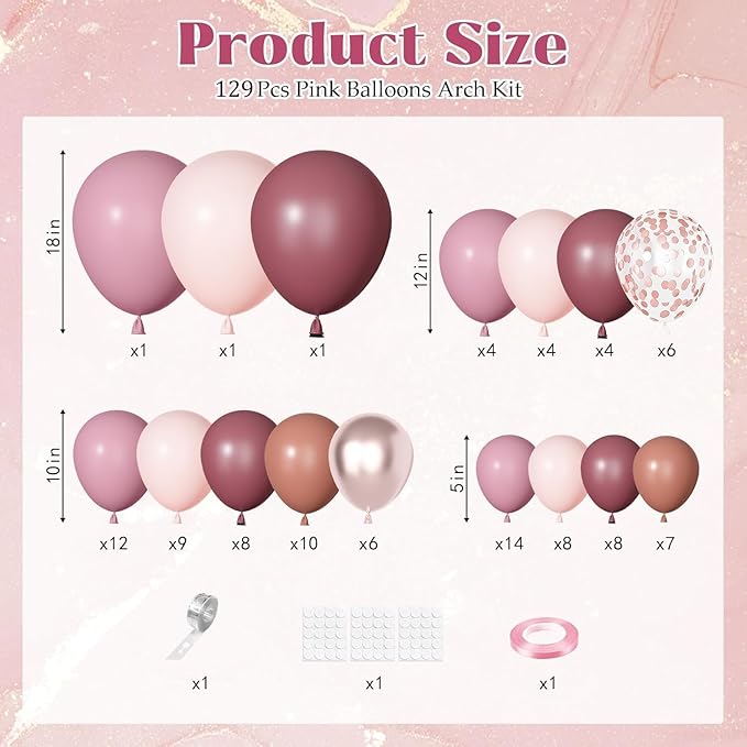 Ouddy Party Dusty Rose Pink Balloons Garland Arch Kit, Different Sizes 18 12 10 5 Inch Pink Mauve Retro Blush Purple Latex Confetti Balloons for Valentines Day Boho Birthday Wedding Party Decorations