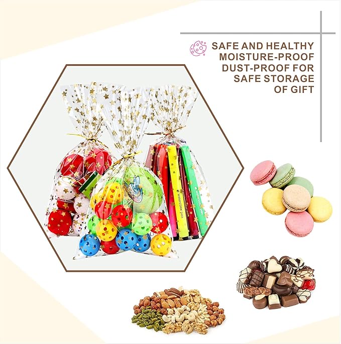 100 Pcs Cellophane Treat Bags,5 X 11 Inches Gold Star Clear Cellophane Bags,Twist Ties,for Gift Wrapping,Packaging Candies,Dessert,Bakery, Cookies, Chocolate,Party Favor