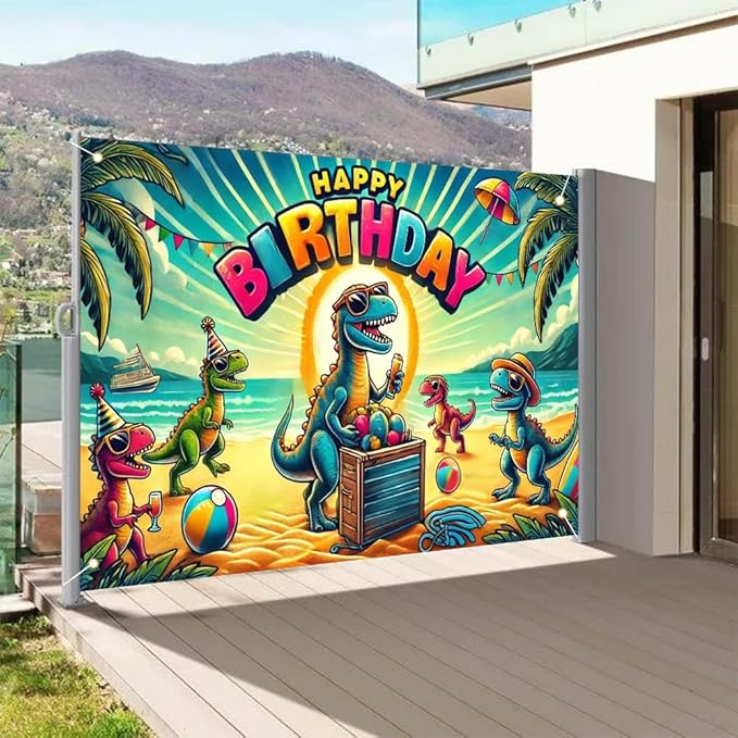 Tropical Happy Birthday Party Banner 71x43 Inch, Fun Design with Colorful Balloons and Palm Trees, Perfect for Summer Parties and Outdoor Photo Backdrops