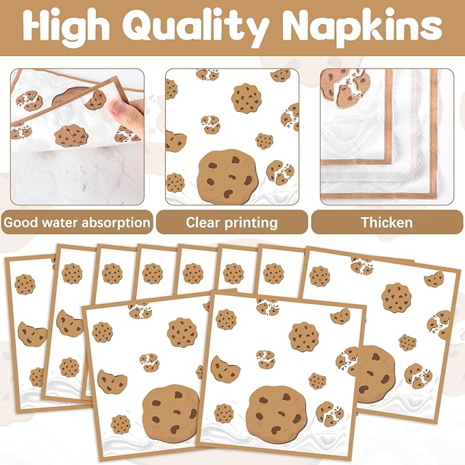 Naozinebi Milk and Cookies Birthday Party Plates Napkins Decorations Chocolate Chip Cookie Tableware Set Cookies Theme Disposable Plate Fork for Kids Boys Girls Birthday Baby Shower Supplies Serve 24