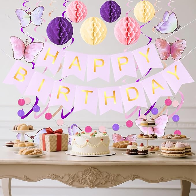 Happy Birthday Banner with Honeycomb Balls, Butterfly Hanging Swirl Streamers, Circle Dots Garland, Happy Birthday Party Decorations for Women Girls