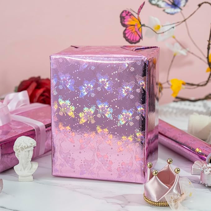 Burymento Pink Butterfly Wrapping Paper Roll, Metallic Holographic Butterfly Gift Wrap for Birthday, Valentines, Mothers day, Graduation, Wedding, Fathers day, Baby Shower, Christmas (17 IN x 32.8 FT)