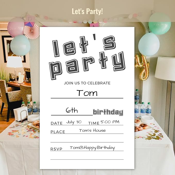 Let's Party Birthday Invitations, Simple Black and White Design Invites with Envelopes for Kids Boys Girls Teens, 25 Pcs 4x6 Inch (Black Simple)