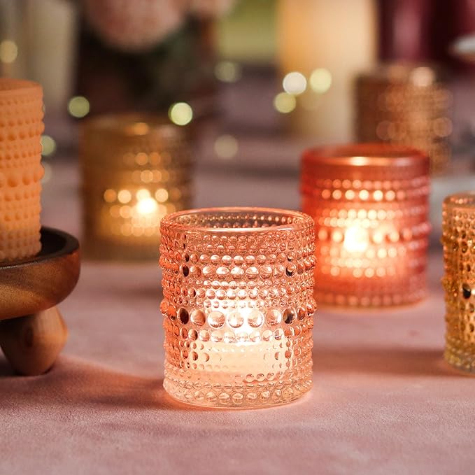 WDHODEC Pink Votive Candle Holders Set of 12 - Vintage Hobnail Glass Tealight Holders for Wedding, Valentine's, Party Table Centerpiece Decor