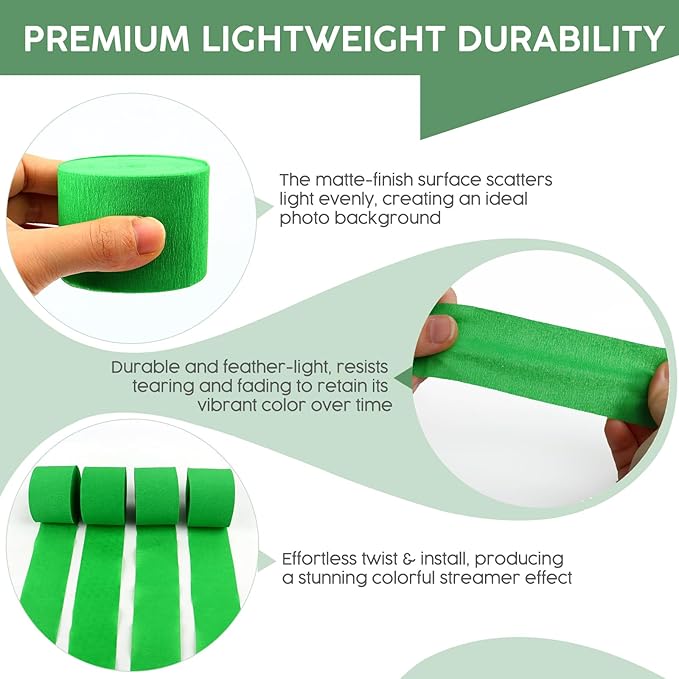 4 Rolls Crepe Paper Green Streamers – Perfect for Streamers Party Decorations, Wedding, Birthday, Colored Decor, and DIY Craft Supplies(1.8 Inch x 82 Ft/Roll)