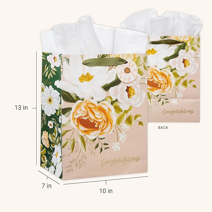 Christian Art Gifts Large Portrait Inspirational Gift Bag, Tag & Wrapping Tissue Paper Set for Women: Congratulations, Weddings, Anniversaries, Satin Ribbon Handles, Peach Pink/Gold Multicolor Floral