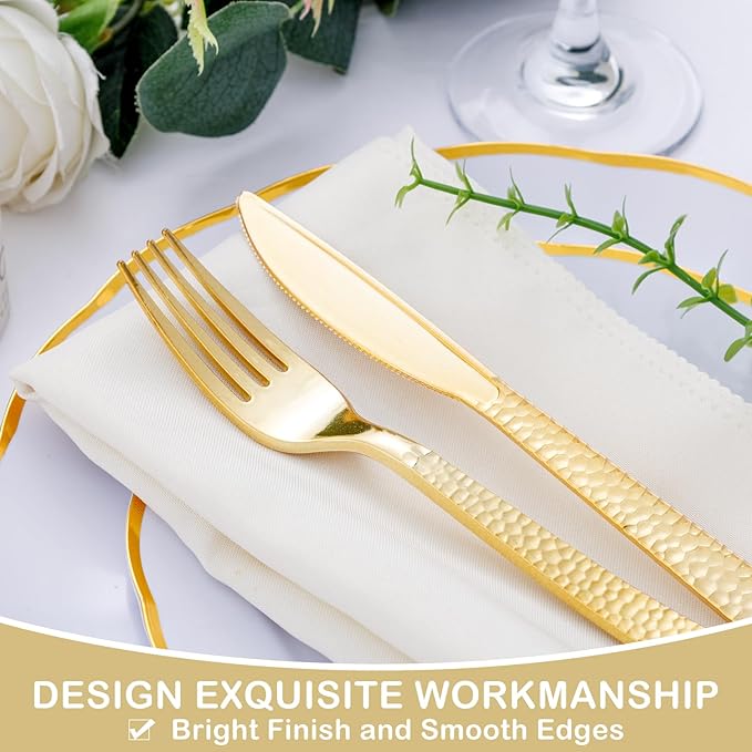 Supernal 180pcs Gold Plastic Silverware Set, Elegant Hammered Design Disposable Cutlery (60 Forks, 60 Spoons, 60 Knives), Heavy Duty Plastic Utensils for Weddings, Graduation Parties 2026 & Catering