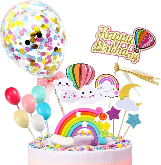 MOVINPE Happy Birthday Cake Topper, Rainbow Cloud Cake Decoration, Confetti Balloons, For Boys Girls Kids Birthday Party Decoration