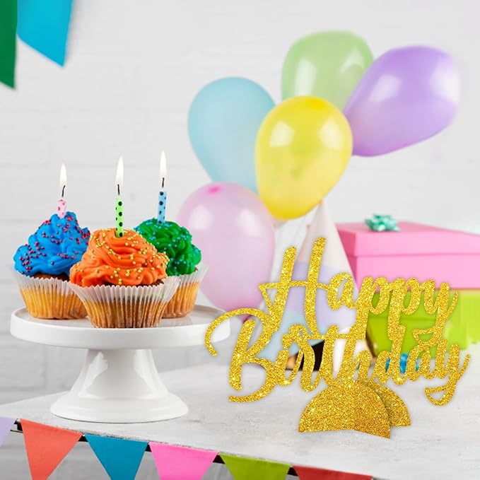 Happy Birthday Table Centerpiece, Gold Glitter Birthday Party Paper Free Standing for Men Women, Anniversary Script Table Centerpiece Party Supplies
