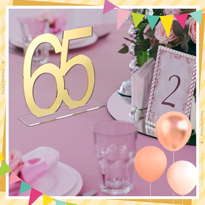 Threehoney 12 Pcs Mirror Gold 65th Birthday Decorations for Men and Women Acrylic Anniversary Decorations Table Numbers Centerpieces for Birthday Party