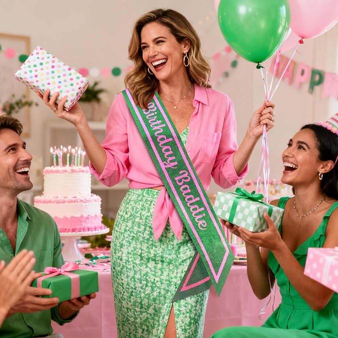 Pink Green Birthday Sash for Girls, Letter "Birthday Baddie" Witch Themed Sash with Glitter Foil, Happy Funny Accessories for Party Favors Supplies